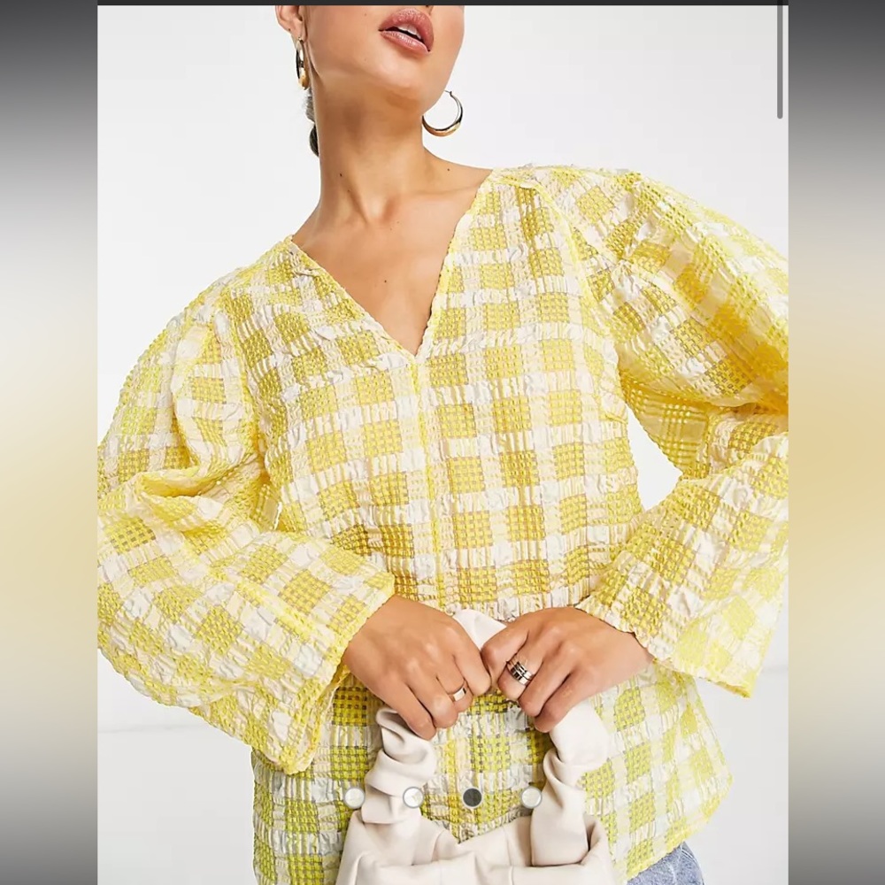 InWear Malva gingham volume sleeve blouse yellow white size 10